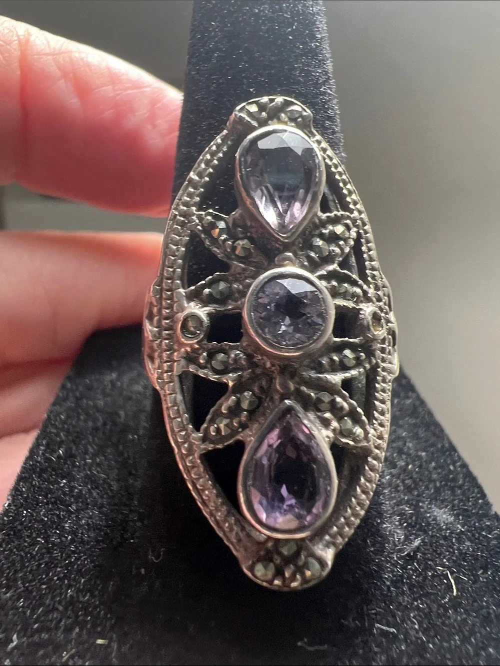 Stylish Silver Ring with Purple Gem Accents - Vintage
